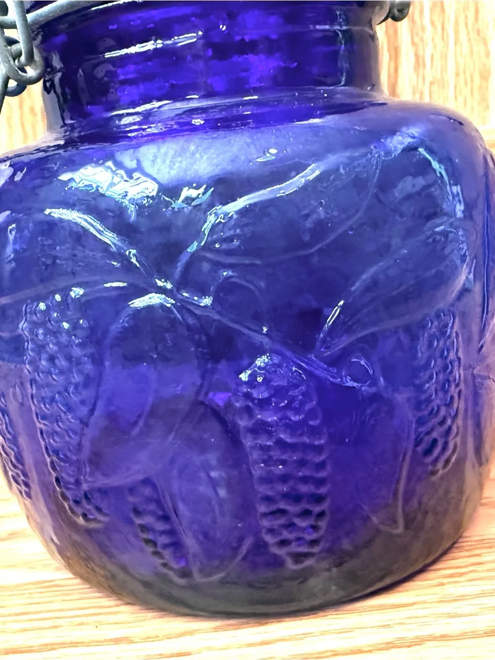 Vintage Italian Cobalt Blue Glass Canister, Embossed Grapevine Jar, Swing lid
